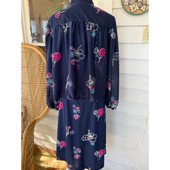 Vintage 70's MOD 2 Piece Dress Jacket Blue Pink Floral Size M Poly Knit - Picture 14 of 16